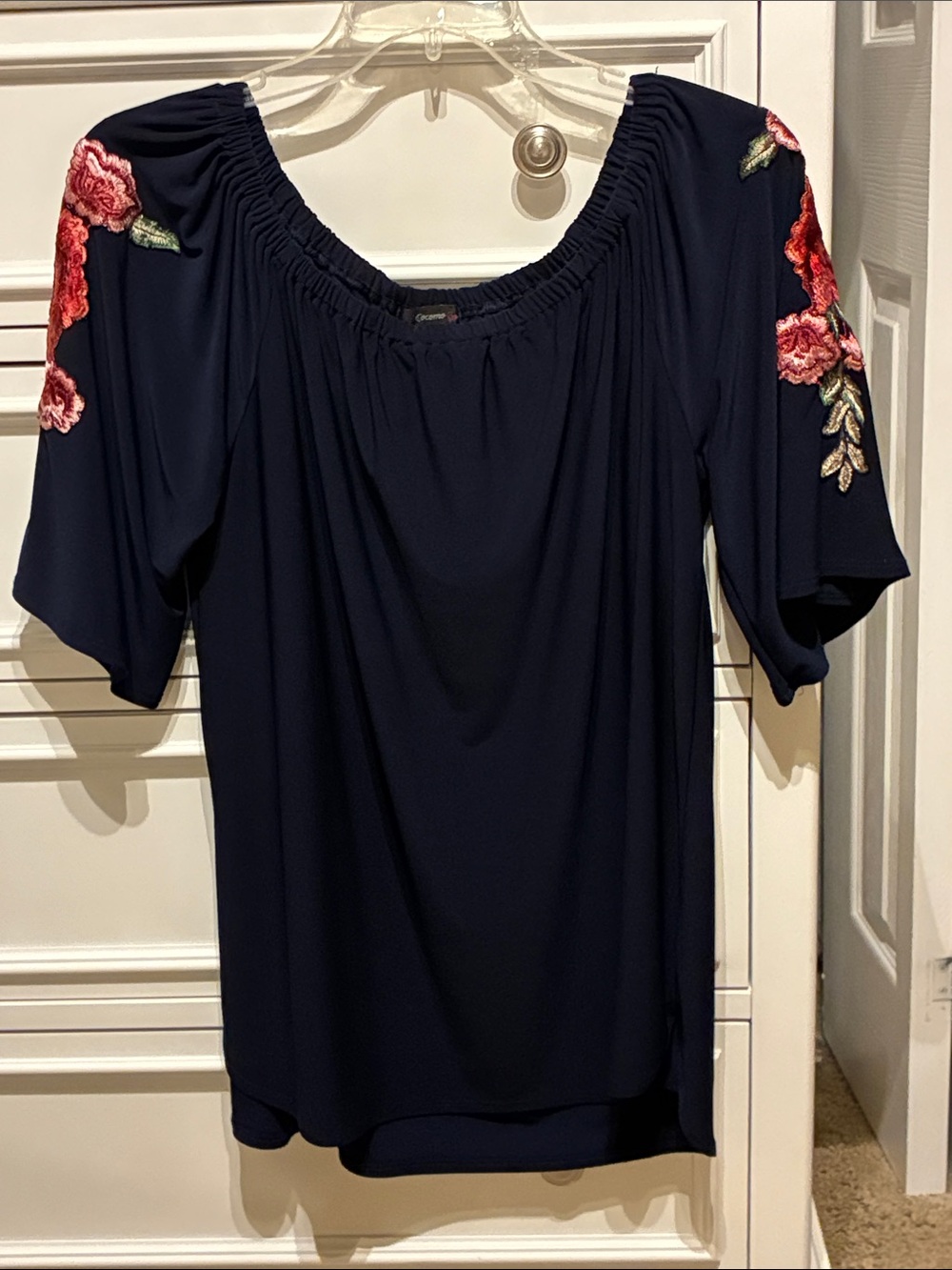 Cocomo Navy Off-Shoulder Blouse with Pink Floral Embroidery